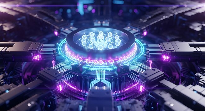 A futuristic technological device with glowing blue and purple lights in a dark room