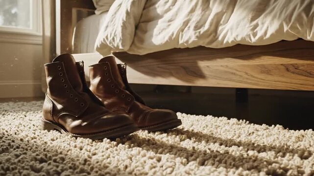 Morning Light Illuminates Rustic Bedroom Scene. Cozy Vintage Room With Leather Shoes And Sunlight. Bright Sunlight Streams Into Rustic Bedroom Showing Leather Boots On Plush Rug Beneath Wooden Bed