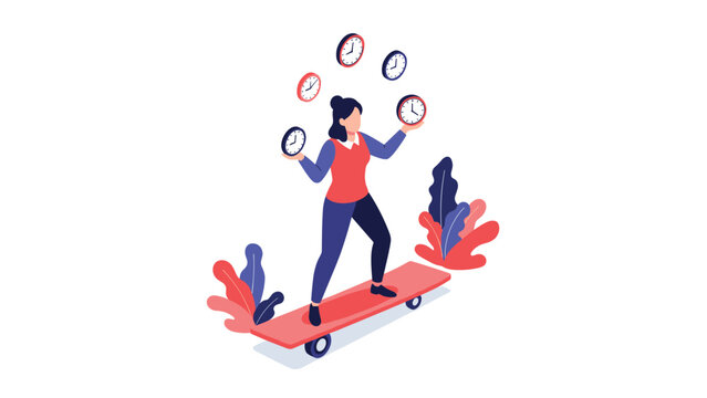 Business woman juggling multiple clocks while balancing on a moving skateboard represents effective multitasking and time management skills.