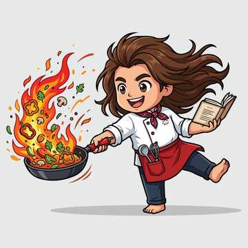 Happy chibi chef character tossing vegetables in a flaming wok while holding a cookbook.