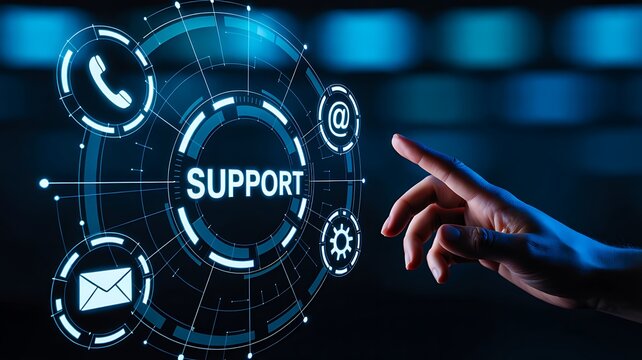 Customer support technology interface with digital icons communication concept