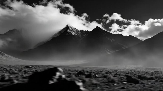 Epic Black and White Landscape of Majestic Mountains and Clouds with Dramatic Sky Over a Rocky Desert