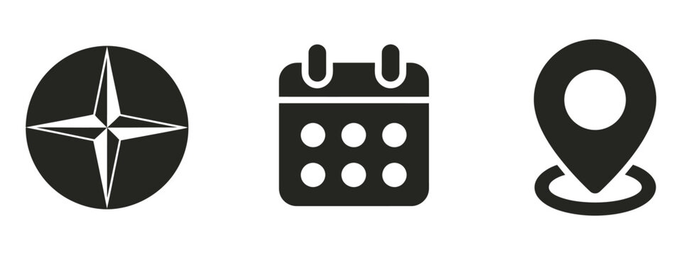 time, date and address or location icons, clock date and location vector set, flat minimal style, modern editable illustration, interface design elements, navigation and calendar symbols