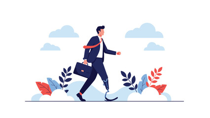 Fototapeta premium Determined businessman with a prosthetic leg walking confidently through a park with a briefcase on his way to a job interview.