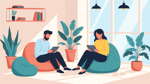 Two people sitting in comfortable bean bag chairs and using tablets in a modern living room filled with many indoor plants.