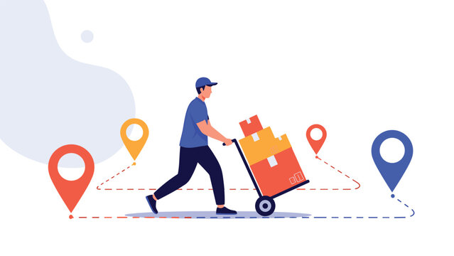 Delivery person quickly transports a stack of parcels using a hand truck while following a route marked with location pins.