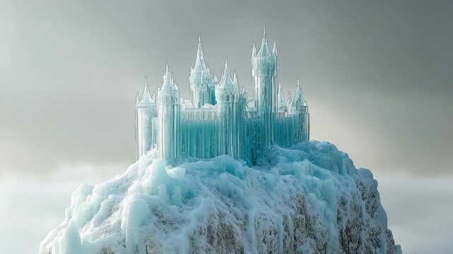 Majestic ice castle rises high above clouds on a snowy mountain peak under a bright blue sky