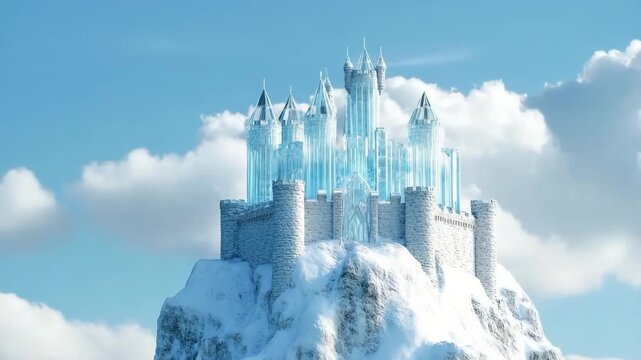 Majestic ice castle rises high above clouds on a snowy mountain peak under a bright blue sky