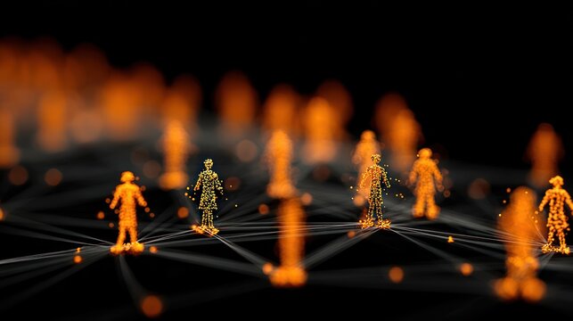 Digital network connecting illuminated human figures in a dark abstract space