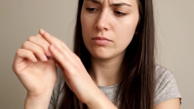 A young woman is seen scratching her reddened hand in an indoor setting. She shows signs of discomfort due to skin irritation and allergies. Her focus is on relief from itching