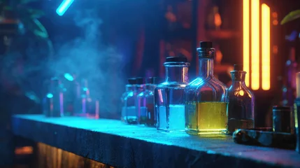 Fototapete Bar A mesmerizing display of colorful bottles on a bar, illuminated with neon lights  © Gun