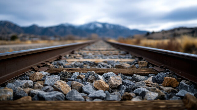 Railroad tracks leading into the distance, with a mountain in the backdrop