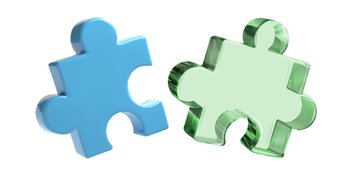 3d puzzle on white bg. Isometric blue and transparent green glass matching parts. Teamwork complex game of realistic jigsaw piece connection. Problem solving item icon, isolated shape. Creative logic