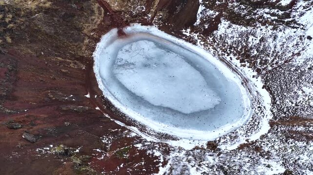 Keri&eth; Crater with Frozen Lake in Winter Iceland 4K