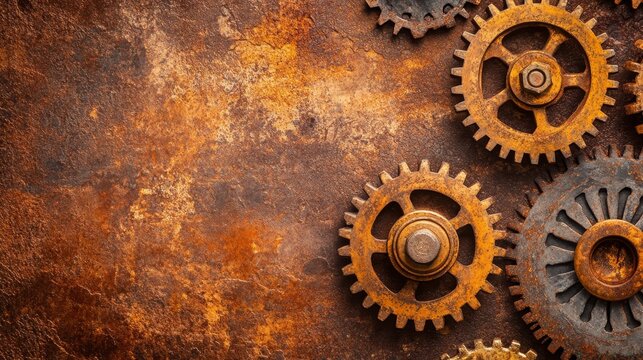 Rusted metal gears on a textured surface, showcasing industrial design and mechanical aesthetics