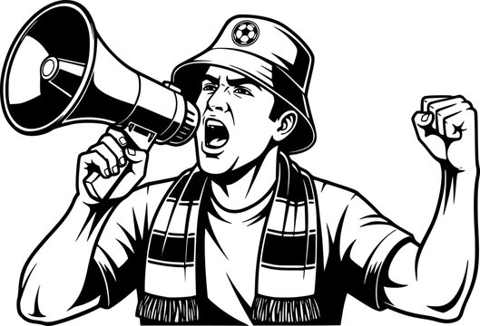 Soccer Ultra Fan with Megaphone and Bucket Hat Cheering Vector
