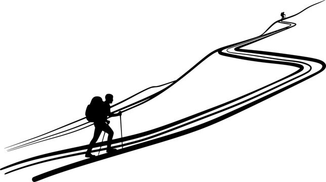 Hiker Climbing Switchback Trail Silhouette Vector Illustration
