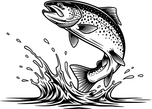 Watercolor Illustration of a Brown Trout Leaping out of the Water.
