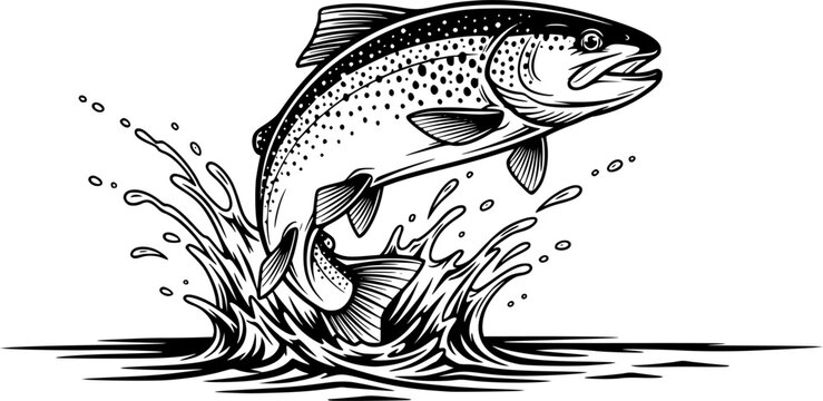 Watercolor Illustration of a Brown Trout Leaping out of the Water.
