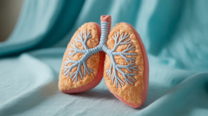 Naklejka premium Plush toy shaped like human lungs with embroidered bronchial tree on a soft blue fabric background