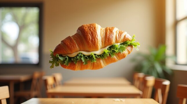 S&aacute;ndwich de croissant con queso fundido y verduras frescas flotando en el aire
