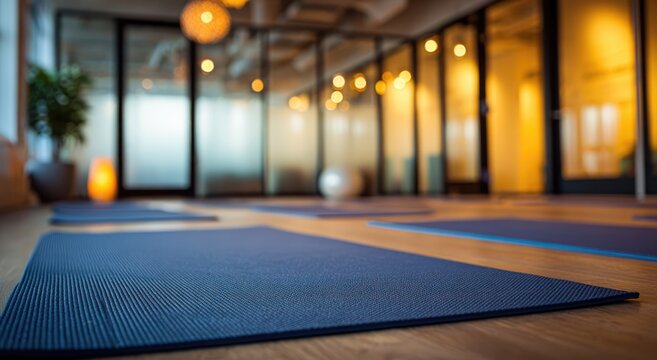 Serene Yoga Studio Interior with Mats and Natural Light.