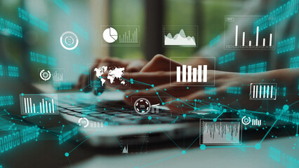 A conceptual image illustrating business analytics and data visualization with digital graphs and...