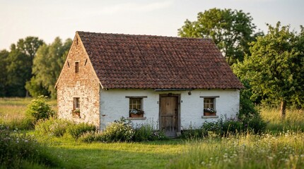 Obraz premium A small white house with a brown roof sits in a serene green field surrounded by trees.