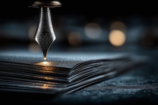 Fountain pen detail with glowing tip and stacked paper edges, shallow focus