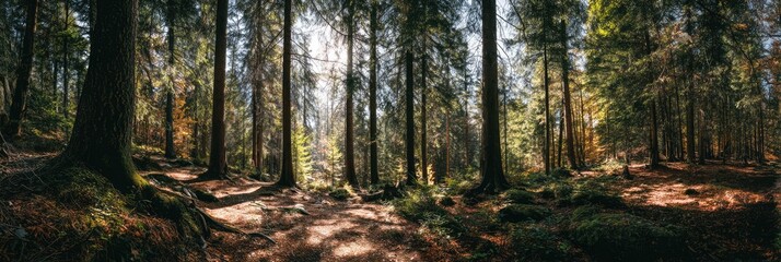 Fototapeta premium Sunlight Filtering Through a Dense Forest Canopy - A Serene Woodland Scene.