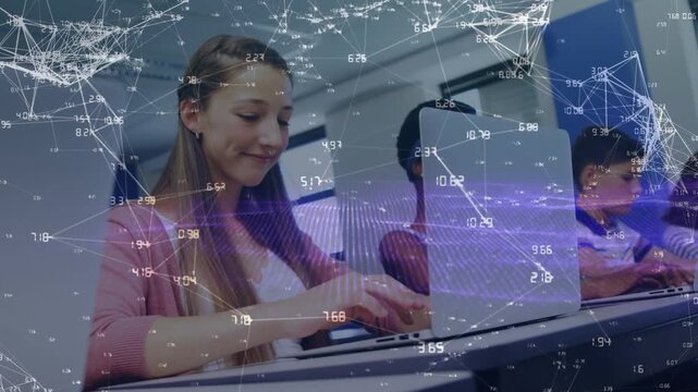 Animation of connections over happy diverse students using technology at school