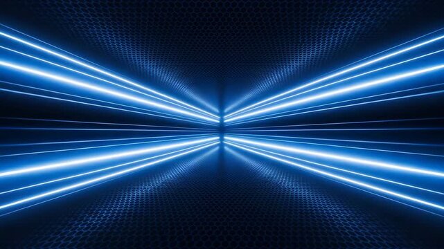 Glowing blue neon lights in a dark tunnel a honeycomb pattern on the walls floor a futuristic atmosphere radiant beams