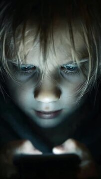 A close-up portrait of a child absorbed in a smartphone at night, face lit by cool blue screen glow. The image evokes focus, isolation, late-night screen time and modern digital childhood concerns.