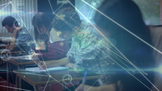 Network of connections over diverse group of students studying in the class at college