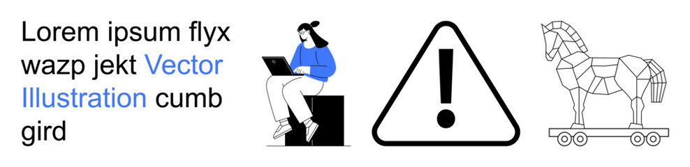 Fototapeta premium Cybersecurity, identity protection, malware detection, online safety, data breaches, digital threats. Woman using laptop, caution symbol Trojan horse. Cybersecurity and identity protection concept