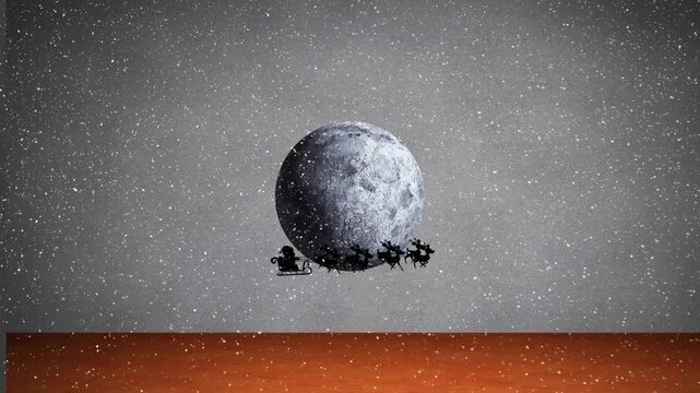 Animation of snow falling over santa claus in sleigh being pulled by reindeers against moon