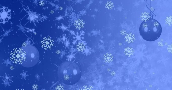 This video is a digital animation of blue snowflakes falling against a black background