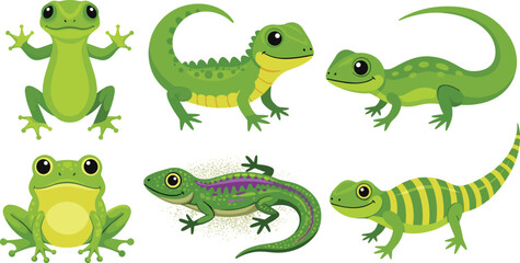 Naklejka premium Cute Frog and Lizard Cartoon Character Vector Set with Different Reptile and Amphibian Poses Isolated Wildlife Illustration Collection for Kids Education Zoo Mascot Design