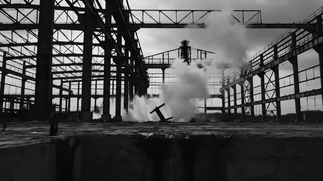 Industrial factory ruins with smoke and steam billowing through a structural steel framework on a cloudy day