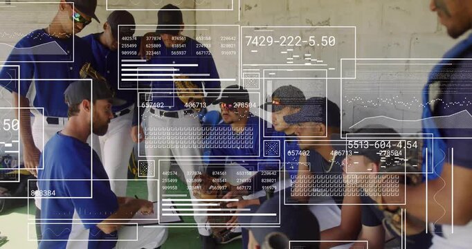 Coach kneeling inside dugout sketching play diagram on clipboard and motivating baseball team