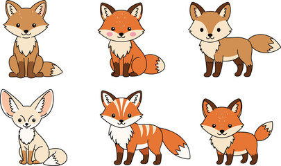 Fototapeta premium Cute Cartoon Fox Character Vector Set with Different Poses Woodland Animal Illustration Collection for Kids Education Nursery Design Mascot and Wildlife Clipart