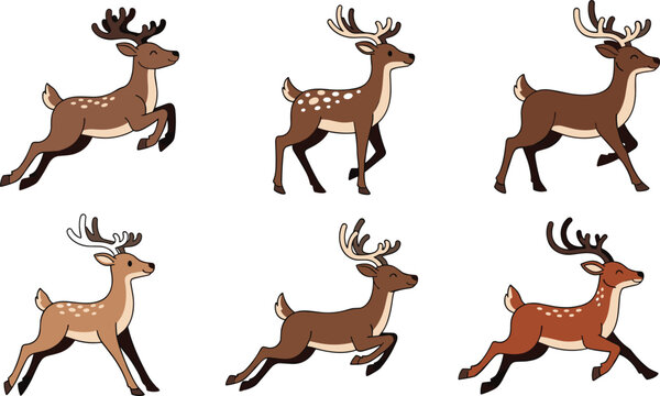 Running Reindeer Cartoon Vector Set with Different Deer Poses and Antlers Isolated for Christmas Wildlife Animation Mascots Nature Illustration Design Collection