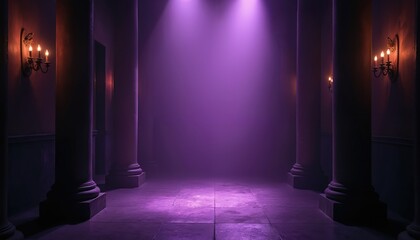Naklejka premium Columns line dark hallway lit by purple stage lights. Candle sconces cast warm glow on walls. Empty space creates dramatic, mysterious atmosphere ideal for events or interiors.