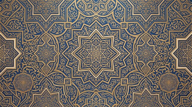 Intricate golden Islamic geometric star pattern on blue background.