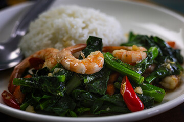 Steamed Rice With Spicy Stir Fried Chinese Kale Shrimp