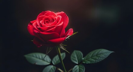 Fototapeta premium A single red rose with green leaves on a dark background