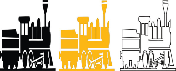 Three stylized illustration of a classic steam locomotive train, present in black silhouette, solid yellow and black outline, on a white background. © Zuhaib