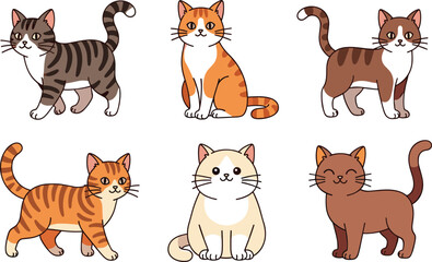 Fototapeta premium Cute Domestic Cat Cartoon Character Vector Set with Different Kitten Poses Isolated Pet Animal Illustration Collection for Kids Mascot Veterinary and Nursery Design
