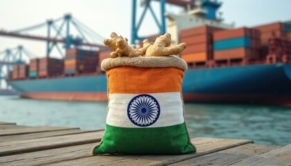 Indian flag bag holds fresh ginger roots on wooden dock. Cargo ships and cranes wait in port for international spice export. Global trade connection for Indian goods. © miss irine