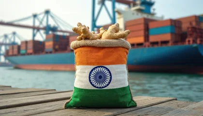 Indian flag bag holds fresh ginger roots on wooden dock. Cargo ships and cranes wait in port for international spice export. Global trade connection for Indian goods. © miss irine